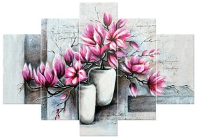 Gario Ručne maľovaný obraz Ružové magnólie vo váze - 5 dielny Rozmery: 100 x 70 cm