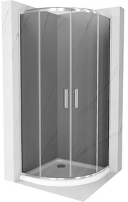 Mexen Rio, štvrťkruhový sprchovací kút s posuvnými dverami 90 x 90 cm, 6mm šedé sklo, chrómový profil + biela sprchová vanička, 863-090-090-01-40-4110