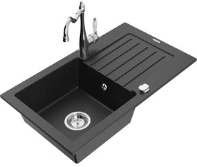 Mexen Pablo, granitový drez 752x436x161 mm, 1-komorový a drezová batéria Carla, čierna-strieborná metalíza, 6510-73-670700-00