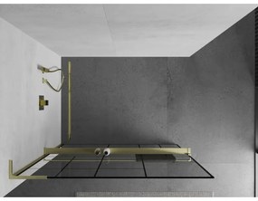 Mexen Kioto+ L, sprchová zástena Walk-In s poličkou a vešiakom 100 x 200 cm, 8mm číre sklo čierny vzor, zlatý matný profil, 800-100-123-55-78