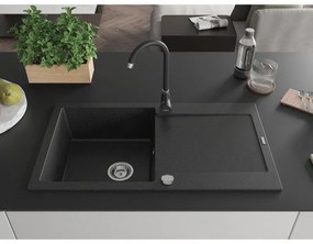 Mexen Leo, 1-komorový granitový drez s odkvapkávačom 90x50 cm a kuchynskou batériou Telma, čierna-strieborná metalik, 6501-73-670200-70