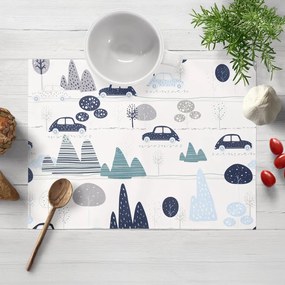 Biante Detské bavlnené prestieranie na stôl Sandra SA-685 Modré autá medzi stromami na bielom 35x45 cm