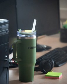 Foxigy Termohrnček do auta so slamkou 1200 ml Army green