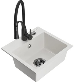 Mexen Milo, 1-komorový granitový drez 435x410x171 mm a drezová batéria Aster, biela, 6505-20-73450-70-B