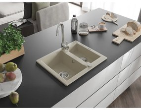 Mexen Carlos, granitový drez 582x475x177 mm, 1,5-komorový a drezová batéria Telma, béžová, 6518-69-670200-00