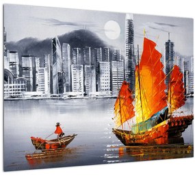 Sklenený obraz - Victoria Harbor, Hong Kong, čiernobiela olejomaľba (70x50 cm)