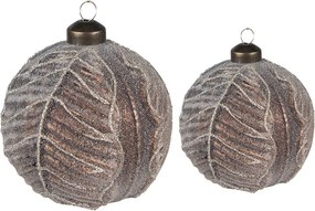 Set 2 ks bronzových sklenených vianočných gulí s motívom listov – Ø 10 cm a Ø 8 cm