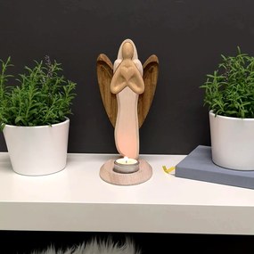 AMADEA Drevený svietnik anjel so srdcom, farebný, masívne drevo, výška 25 cm