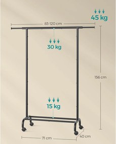 Vešiak na šaty s kolieskami, stojan na oblečenie, nosnosť 45 kg, čierny