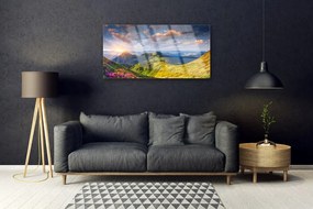 Skleneny obraz Hory slnko lúka krajina 140x70 cm