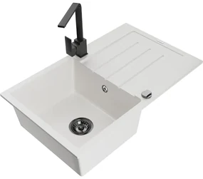 Mexen Bruno, drez granitový 795x495x200 mm, 1-komorový, biela s čiernym sifónom a čierna drezová batéria Rita, 6513-20-670300-70