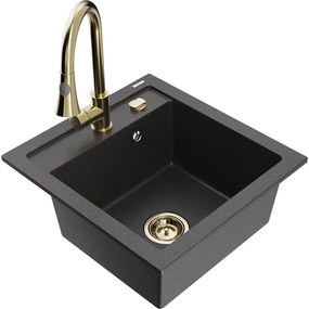 Mexen Vito, 1-komorový granitový drez 490x520x210 mm a drezová batéria Elia, čierna škvrnitá, 6503-76-670101-50