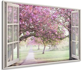 Gario Obraz na plátne Okno dokorán Kvitnúca višňa Veľkosť: 120 x 80 cm