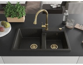 Mexen Tomas, 2-komorový granitový drez 800x500x190 mm a drezová batéria Elia, čierna-zlatá metalíza, 6516-75-670101-50