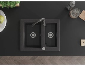 Mexen Carlos, granitový drez 582x475x177 mm, 1,5-komorový a čierna škvrnitá drezová batéria Telma, čierna škvrnitá, 6518-76-670200-76
