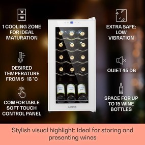 Klarstein Shiraz 15 Slim Uno, vinotéka, 44 l, 135 W, 5–18°C, dotykové ovládanie, biela