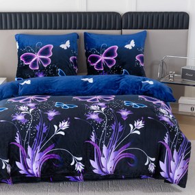 Sada 2ks mikroplyšových obliečok VIOLET BUTTERFLY tmavomodré + obliečka mikroplyš SOFT 180x200 cm biele, dvojlôžko