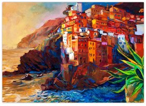 Sklenený obraz - Dedina na pobreží Cinque Terre, Talianska riviéra, moderný impresionizmus (70x50 cm)