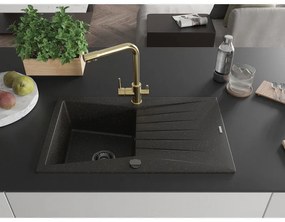 Mexen Cesar, granitový drez 775x470x190 mm, 1-komorový a zlatá batéria Duero, čierna - zlatá metalíza, 6514-75-671600-50-B