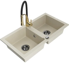 Mexen Mario, granitový drez 820x436x161 mm, 2-komorový a drezová batéria Aster, béžová, 6504-69-73450-57-B