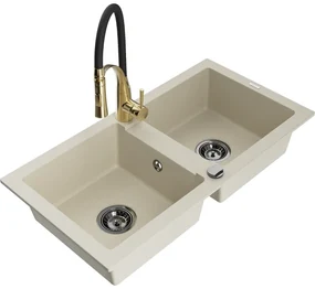 Mexen Mario, granitový drez 820x436x161 mm, 2-komorový a drezová batéria Aster, béžová, 6504-69-73450-57-B