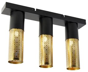 Industriálne stropné svietidlo čierne so zlatým podlhovastým 3-svetlom - Raspi