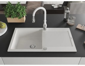 Mexen Leo, 1-komorový granitový drez 900x500x190 mm a drezová batéria Savita, biela, 6501-20-672601-20