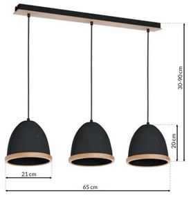 Závesné svietidlo Studio, 3x drevené/čierne kovové tienidlo, (fi 21cm), b/br