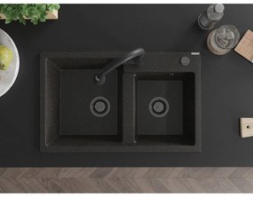 Mexen Tomas, 2-komorový granitový drez 800x500x190 mm a drezová batéria Elia, čierna-zlatá metalíza, 6516-75-670101-70-B