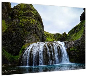 Sklenený obraz útesu s vodopádom (70x50 cm)