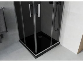 Mexen Rio, štvorcový sprchovací kút s posuvnými dverami 70(dvere) x 70(dvere) x 190 cm, 6mm šedé sklo, chrómový profil + čierna sprchová vanička SLIM, 860-070-070-01-40-4070