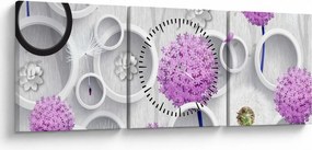 Obraz 3D abstrakcie s kruhmi a kvetinami (s hodinami) (90x30 cm)