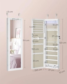 Nástenná skrinka na šperky, šperkovnica, uzamykateľná, 10 x 30 x 120 cm, biela