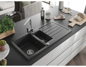 Mexen Andres, granitový drez 1000x500x200 mm, 1,5-komorový, čierna škvrnitá s chrómovým sifónom a chrómová drezová batéria Rita, 6515-76-670300-00