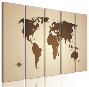5-dielny obraz moderná mapa sveta v sépiovom prevedení