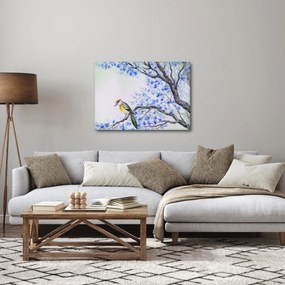 Obraz - Vtáčik na strome s modrými kvetmi (70x50 cm)