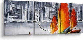 Obraz - Victoria Harbor, Hong Kong, čiernobiela olejomaľba (s hodinami) (90x30 cm)
