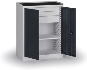 Policová dielenská skriňa 2-dverová, 1 police + 3 zásuvky, 1180 × 950 × 500 mm, grafitové dvere