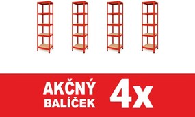 Akcia 4x Regál 180x40x40 cm lakovaný 5-policový, nosnosť 875 kg - červený - 4ks