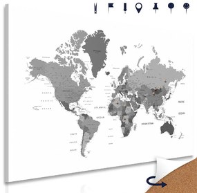 Obraz na korku mapa sveta v čiernobielom prevedení