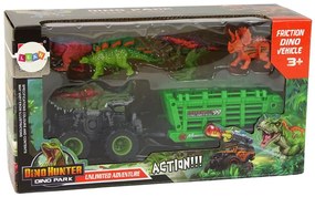 Lean Toys Zelené vozidlo s prívesom a motívom Dinosaura - 4 kusy dinosaura