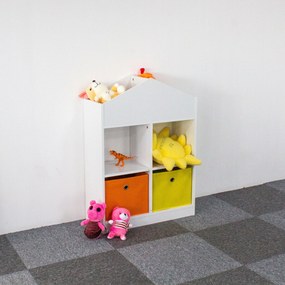 Detský regál v tvare domčeka ECOTOYS – biela polica na hračky a knihy, 2 koše