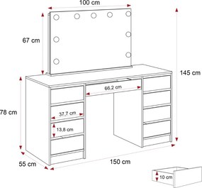 TOALETNÝ STOLÍK ANETT DOUBLE BIELY LESK + ZRKADLO LED 150 cm
