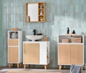 Kúpeľňová skrinka so zásuvkou a dvierkami, úzka