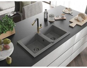 Mexen Mario, 2-komorový granitový drez 820x436x161 mm a drezová batéria Flora, šedá, 6504-71-670401-57-B