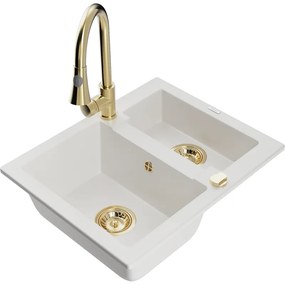 Mexen Carlos, 1,5-komorový granitový drez 582x475x177 mm a drezová batéria Elia, biela, 6518-20-670101-50