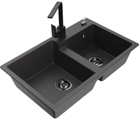 Mexen Tomas, granitový drez 800x500x190 mm, 2-komorový a čierna batéria Rita, čierna škvrnitá, 6516-76-670300-70-B