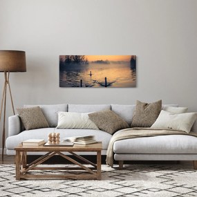 Obraz labutí na vode v hmle (120x50 cm)