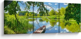 Obraz letné rieky s loďkou (s hodinami) (90x30 cm)