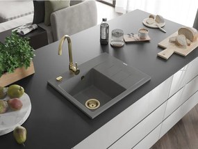 Mexen Ben, 1-komorový granitový drez 600x500x190 mm, ľavý + zlatý sifón, šedá, 6522605000-71-G